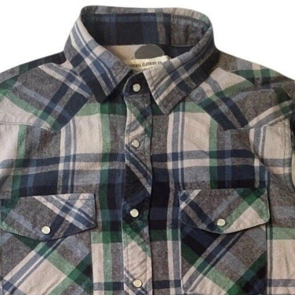Route 66 Flannel Shirt Boys XL Green Navy Plaid Western Pearl Snap Cotton